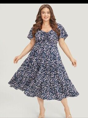 BloomChic Ditsy Floral Ruched Square Neck Puff Sleeve Dress